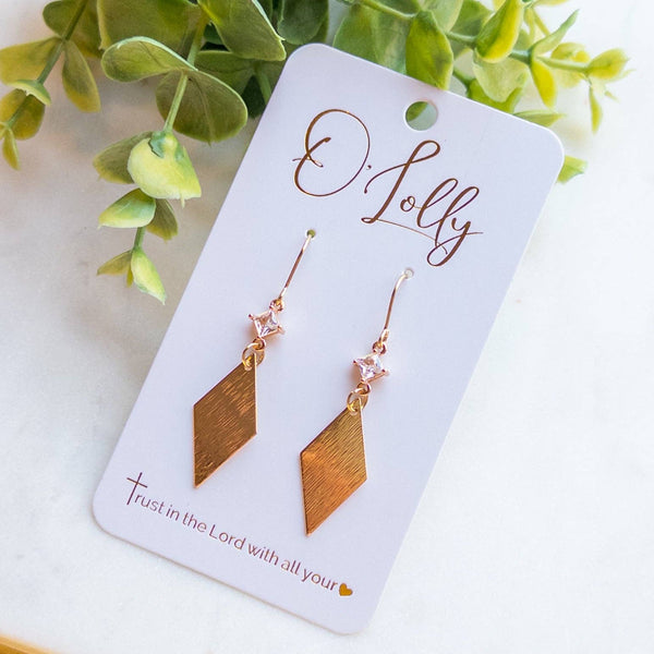 CZ Connector w/Gold Textured Rhombus Dangle Earrings “Misty”