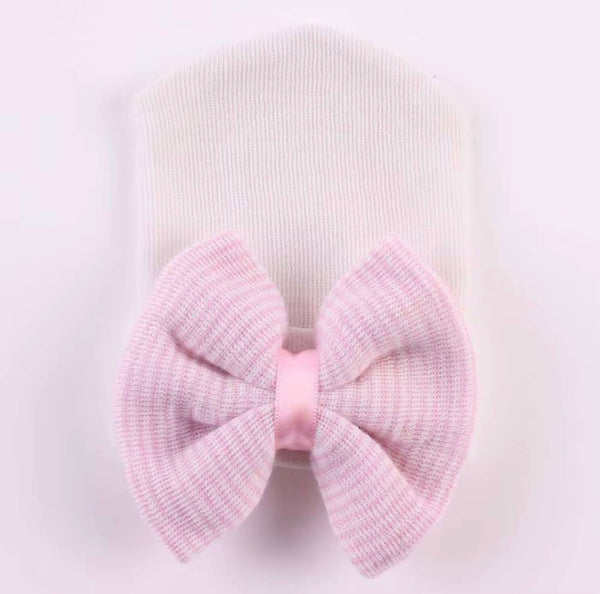 Newborn Hospital Hat, Gender Reveal, Embroidery, Monogram: White Pink / Satin Bow