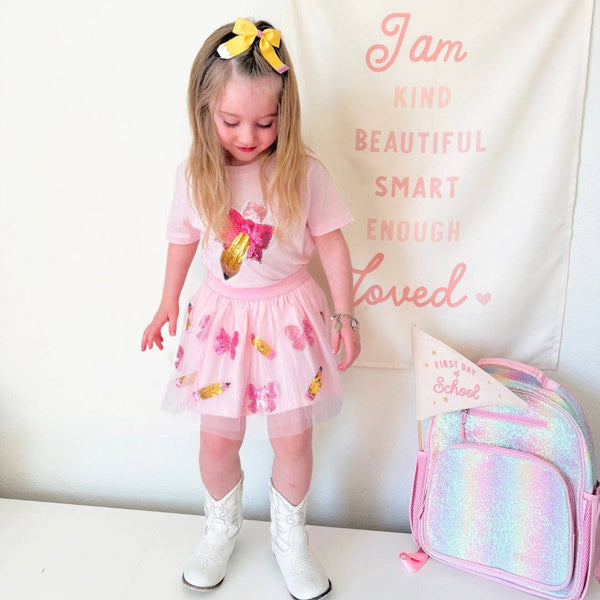 Pencil Bow Sequin Patch Short Sleeve T-Shirt