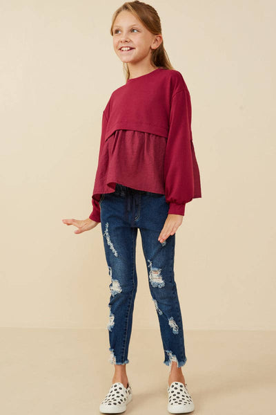 Girls Mix Media French Terry Knit Top: Berry