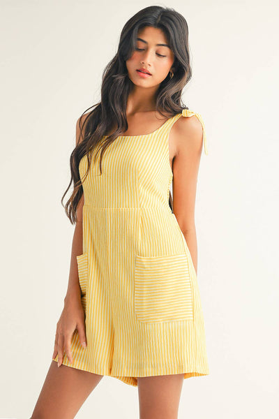 LDC Stripe Shoulder Tie Smocked Back Wide Leg Casual Romper: Yellow