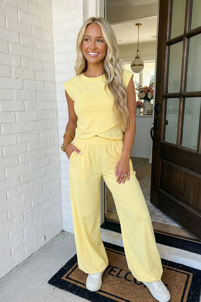 LAS Solid Color Cropped Tank Top and Jogger Pants Set Blue / Missy