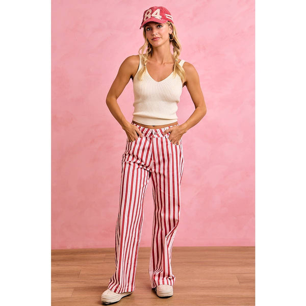 GAMEDAY THEME STRIPE HIGH RISE FLARE PANTS: RED