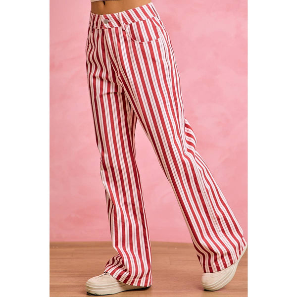 GAMEDAY THEME STRIPE HIGH RISE FLARE PANTS: RED