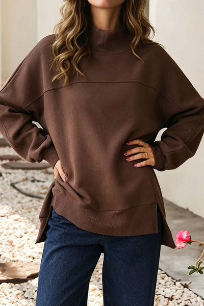 LDC Oversized Solid Mock Neck Sweatshirt: Coffee