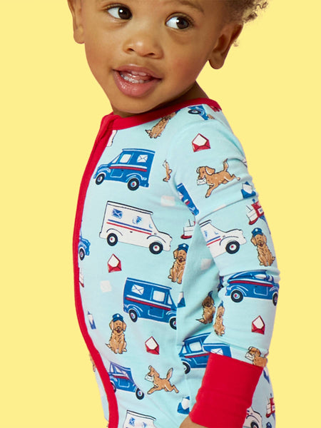 SoftSnooze™ Baby Bamboo Viscose Postal Pups Mail Convertible One Piece Footie Pajama: Blue