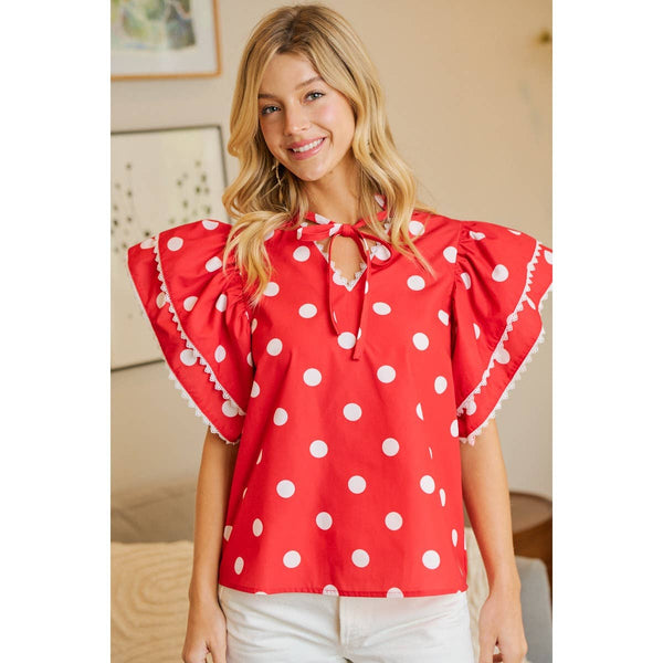 POLKA DOT PRINTED RUFFLE TRIM EDGE BLOUSE TOP: RED / S