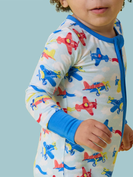 SoftSnooze™ Baby Bamboo Viscose Plane Parade Convertible One Piece Footie Pajama: Blue