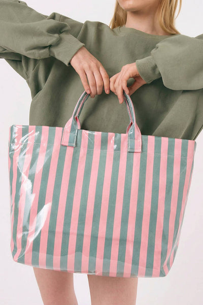 Glossy Striped Large Tote Bag: Green / One Size