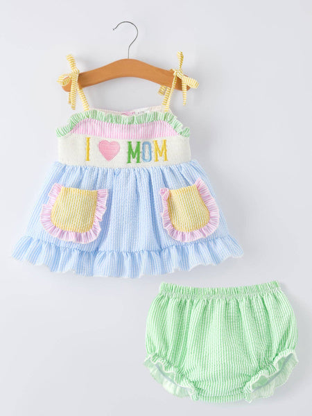 “I ❤ MOM” Smocked Baby Girls Bloomer Set: