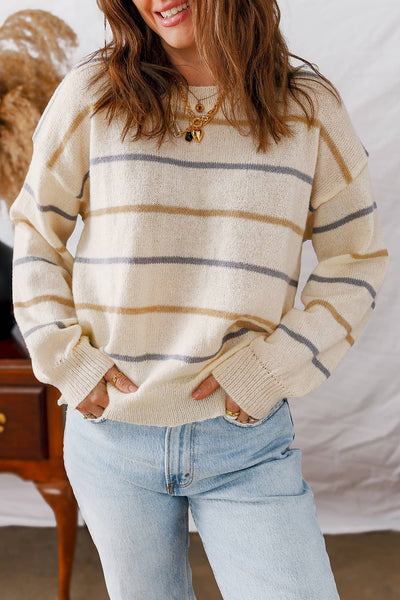 LDC Striped Ribbed Edge Drop Shoulder Sweater: Pink Stripe / S