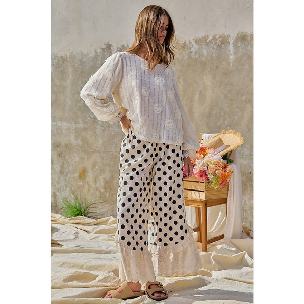 LINEN BLEND POLKA DOT PRINTED RUFFLE LACE HEM PANTS: CREAM/BLACK