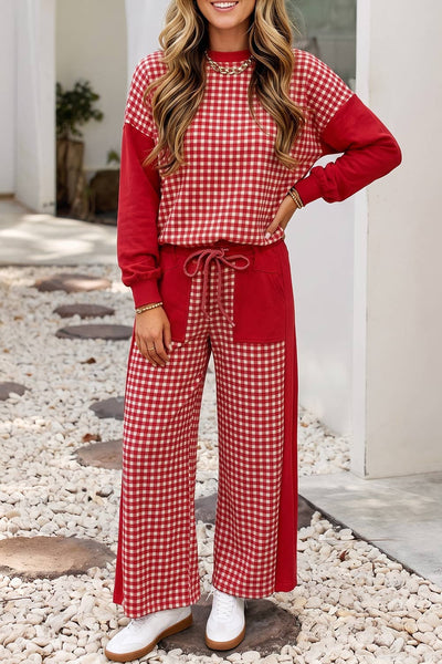 LDC Plaid Patchwork Long Sleeve Pullover Wide Leg Pant Set: Red