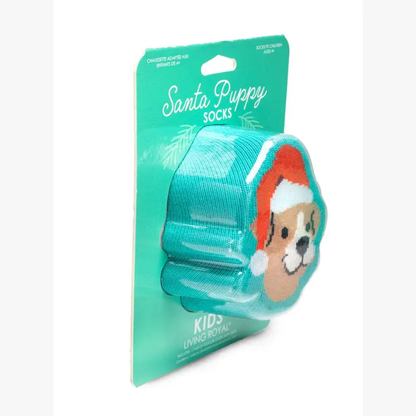 3D Packaged Crew Socks - Kids - Holiday - Santa Puppy -Teal