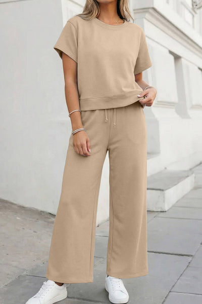 Soft Color Tee & Wide Leg Pants 2pcs Set Khaki