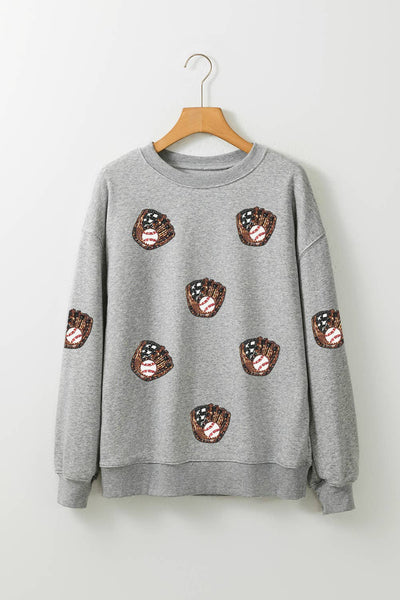 Sequin Baseball Patched Casual Sweatshirt: Gray