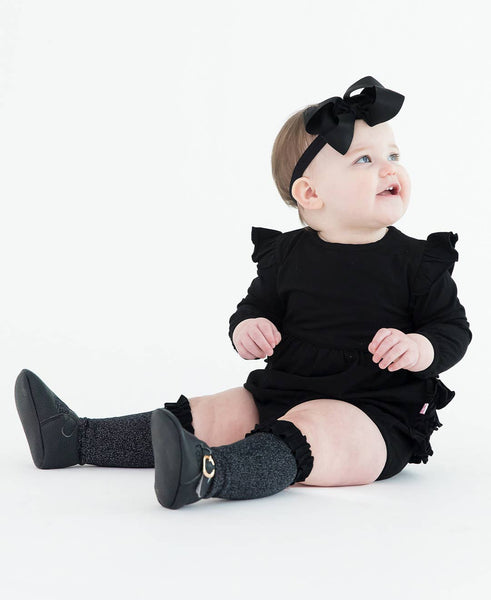 Baby Girls Black Knit Long Sleeve Flutter Bubble Romper: Black