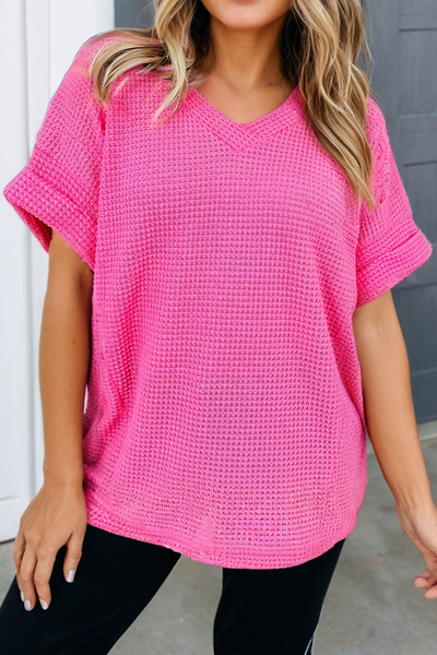 LAS Waffle V Neck Short Sleeve Knit Top Wisteria
