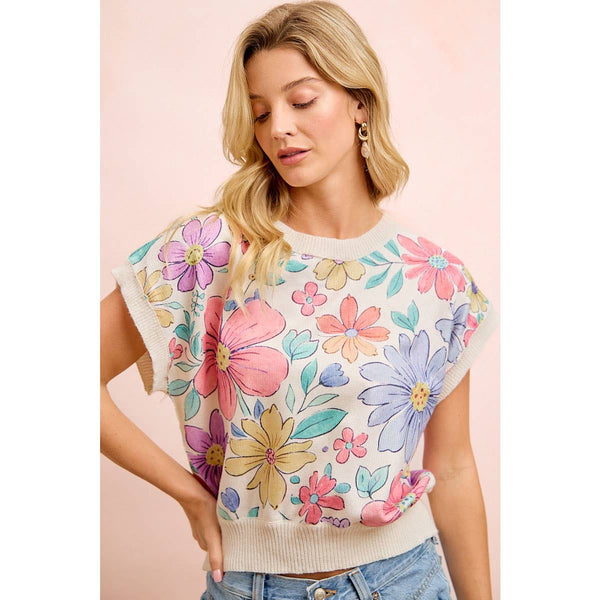 FLOWER ARTWORK PRINTED COZY KNIT TOP: FLOWER / 2X