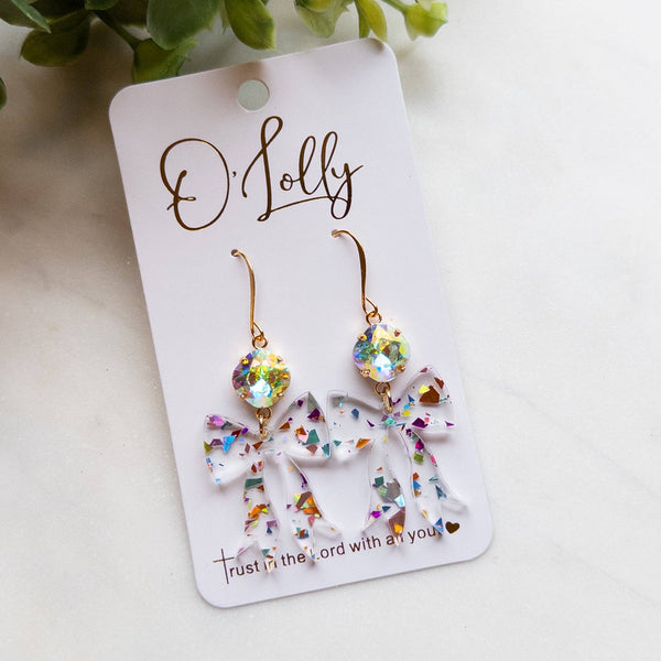 Clear Acrylic Bow w/Confetti and AB Stone Earrings - Katie