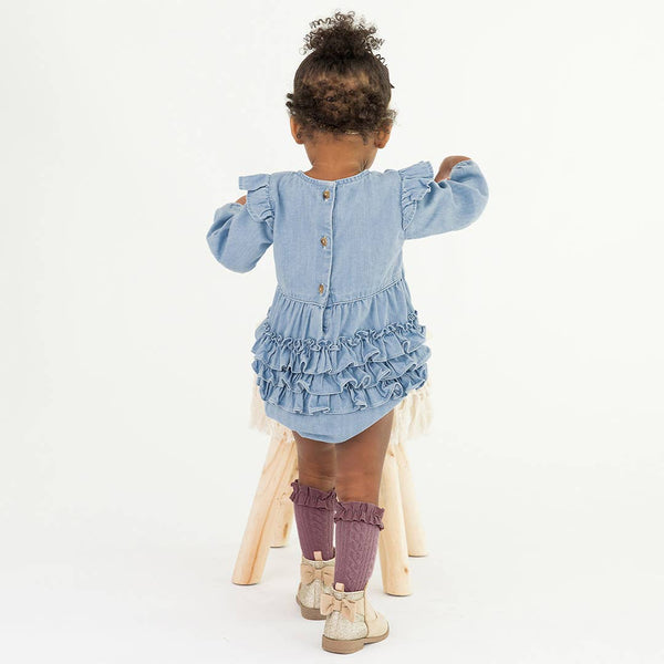 Baby Girls Light Wash Denim Long Sleeve Flutter Bubble Romper: Blue