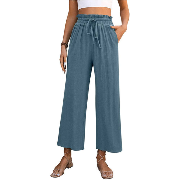 Casual High Waisted Loose Trousers: Beige / 30% Linen + 70% Rayon