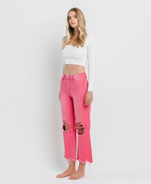 90'S VINTAGE SUPER HIGH RISE CROP FLARE JEANS V2736HP: HOT PINK