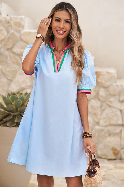 LDC Contrast Striped Detail Notched Neck Puff Sleeve Dress: Myosotis