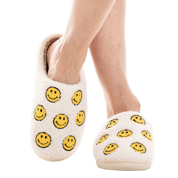 Happy Face ALL OVER Sherpa Slippers: White / S/M