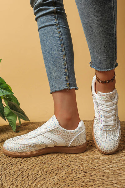 Leopard Printed Lace-up Sneakers White