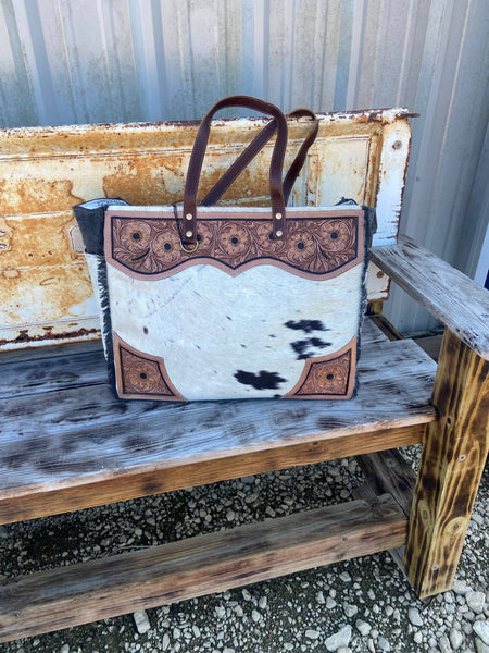 Tooled Leather Cowhide Travel Overnight Weekender Myra Bag
