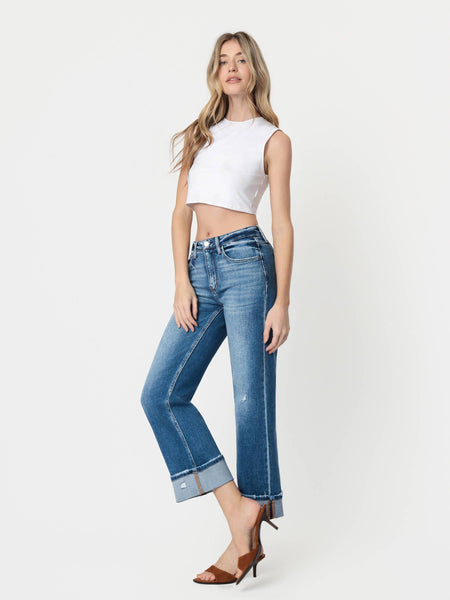 HIGH RISE MEDIUM DARK WASH CUFFED SLIM WIDE JEANS F5992: DARK STONE