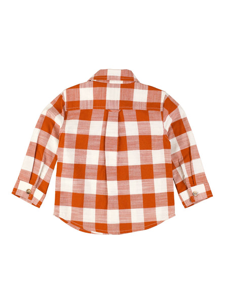 Boys Rust Plaid Long Sleeve Button Down Shirt: Orange