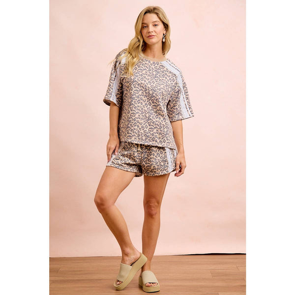 LEOPARD TERRY SIDE DETAIL SHORT SLEEVES TOP: