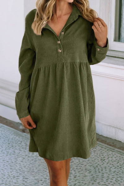 LDC Corduroy Half Button Collared Long Sleeve Mini Dress: Oatmeal