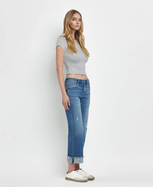 MID RISE RAW CUFFED HEM SLIM WIDE JEANS F5861: FOUR SEASON