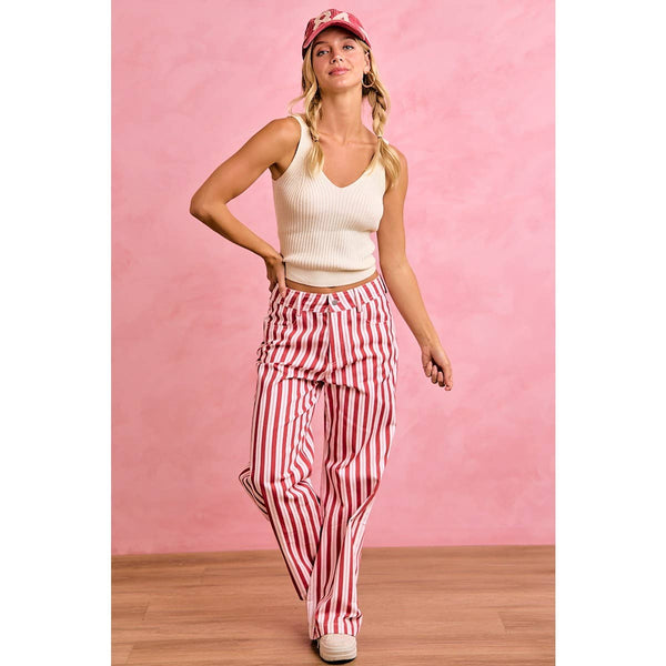 GAMEDAY THEME STRIPE HIGH RISE FLARE PANTS: RED