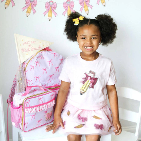 Pencil Bow Sequin Patch Short Sleeve T-Shirt