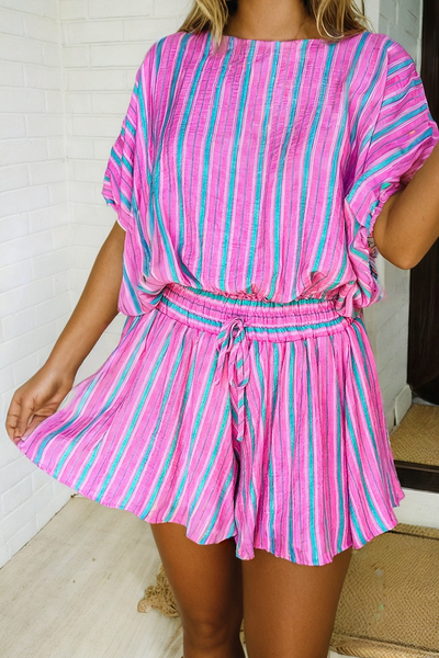 LAS Stripe Dolman Blouse Drawstring Shorts Set Pink Stripe