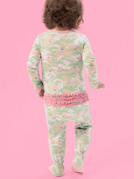 SoftSnooze™ Baby Girls Cotton Modal Sage Blossom Camo Footed Ruffle One Piece Pajama: Green