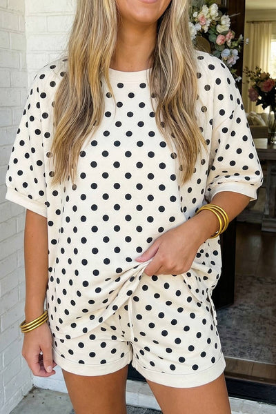 LAS Polka Dot Print Top Drawstring Shorts Set Beige