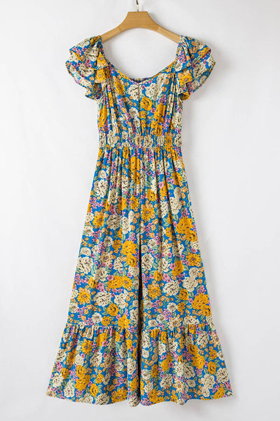 Floral Shirred Cut Out High Waist Jumpsuit: