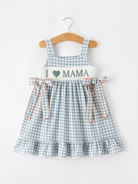 Summer Plaid Smocked “I ❤ MAMA” Girls Dress Bow Ruffle: