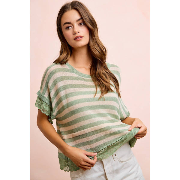 STRIPED CONTRAST LACE DETAIL LIGHTWEIGHT KNIT TOP: PALE BANANA / M