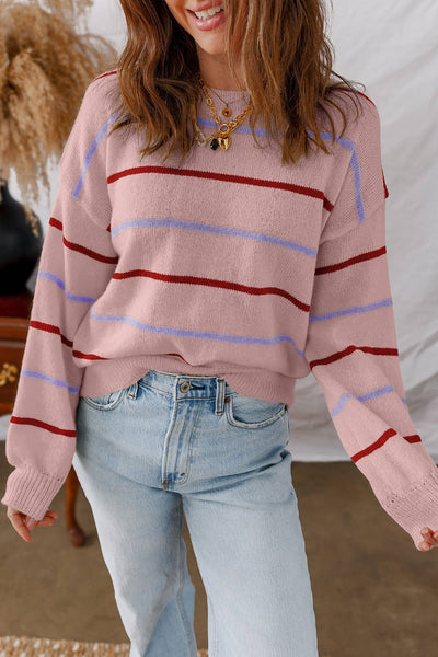 LDC Striped Ribbed Edge Drop Shoulder Sweater: Pink Stripe / S