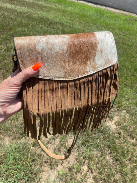 Sadie Cowhide and Tan Suede Fringe Western Purse, Crossbody