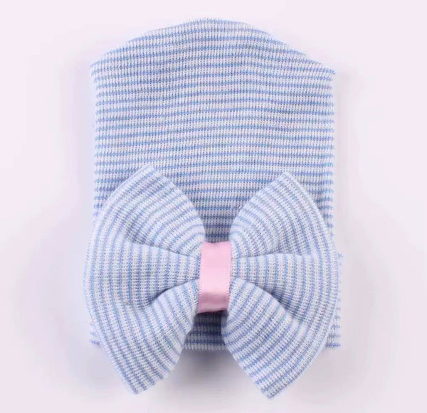 Newborn Hospital Hat, Gender Reveal, Embroidery, Monogram: White Pink / Satin Bow