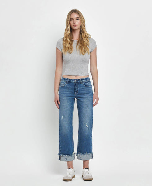 MID RISE RAW CUFFED HEM SLIM WIDE JEANS F5861: FOUR SEASON