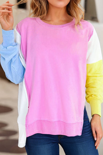 LDC Color Block Side Slits Exposed Seam Crewneck Sweatshirt: