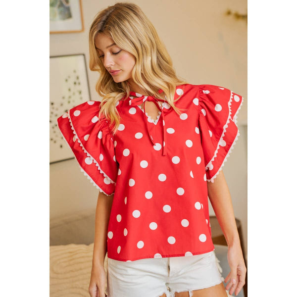 POLKA DOT PRINTED RUFFLE TRIM EDGE BLOUSE TOP: RED / S